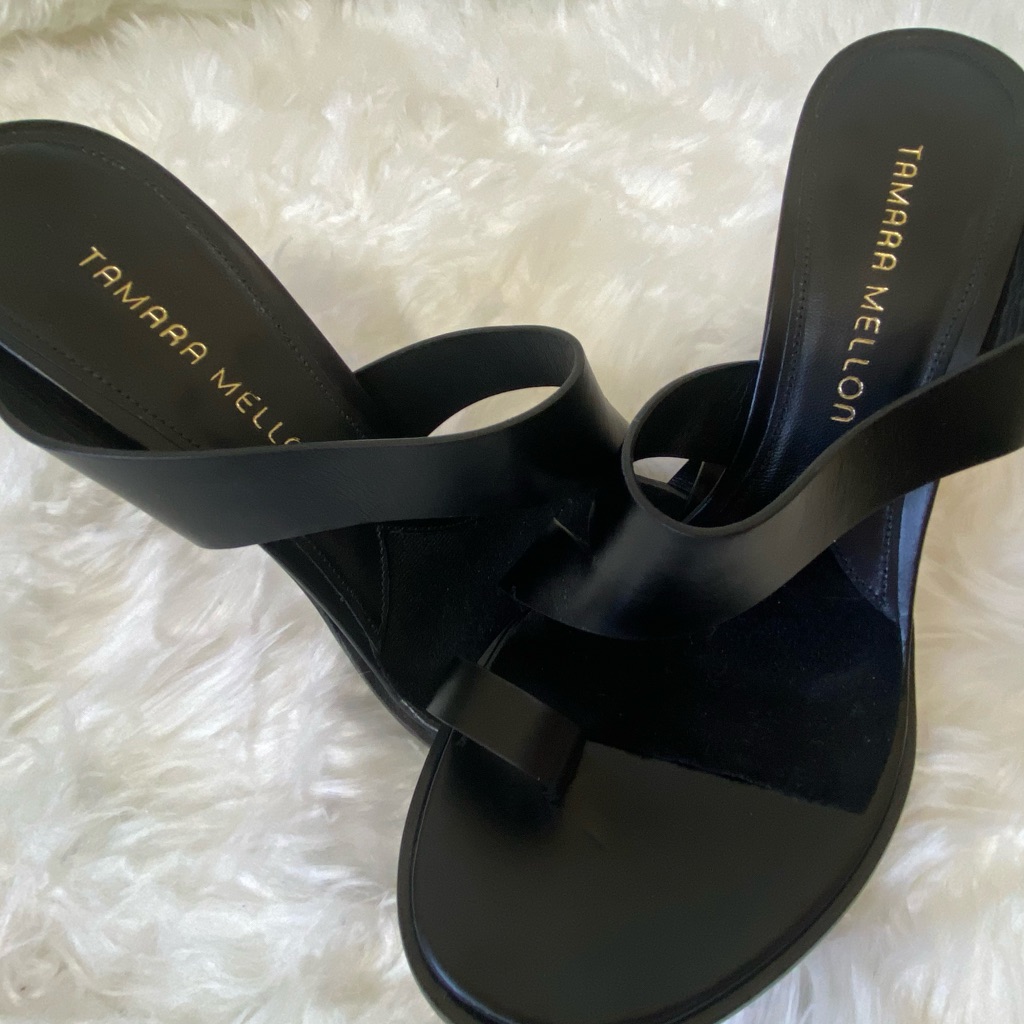 Tamara Mellon Open Toe Heeled Sandals. Black. Size 39.5 U.S. Size 9.5